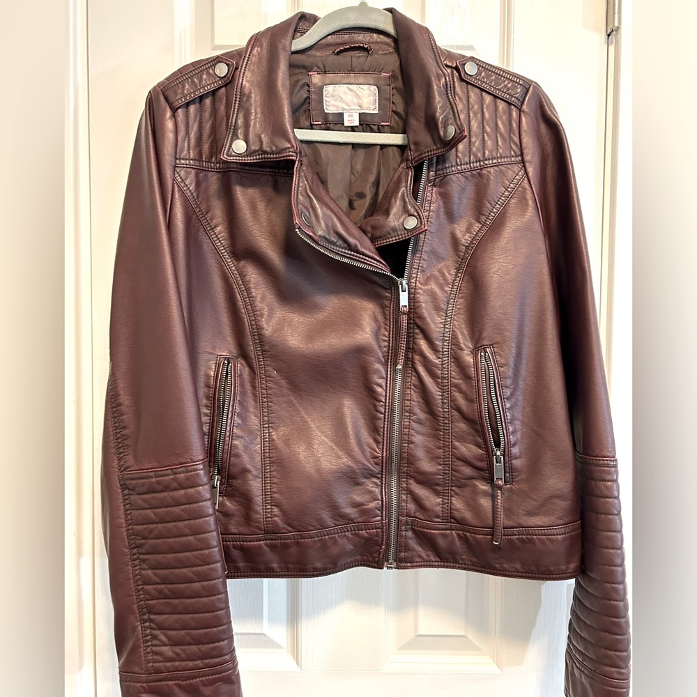 Burgundy Pleather Biker Jacket with Quilted Details